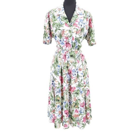 VTG 80s Carol Anderson Pink Blue Yellow Floral Button Front Midi Dress Size 12 - Picture 10 of 12